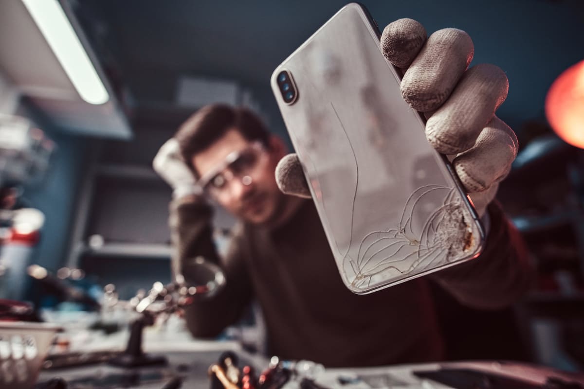 A technician showing a smartphone with a damaged body in a repair shop