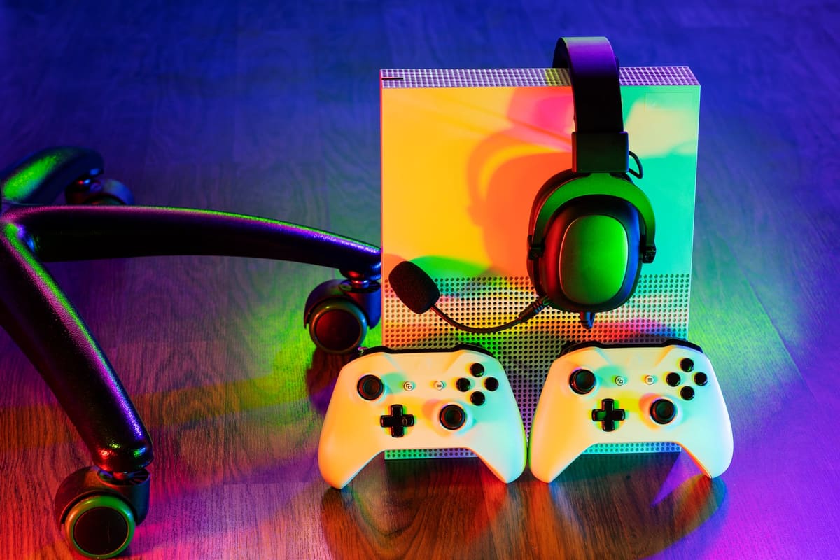 Game controllers and headphones laid out from above