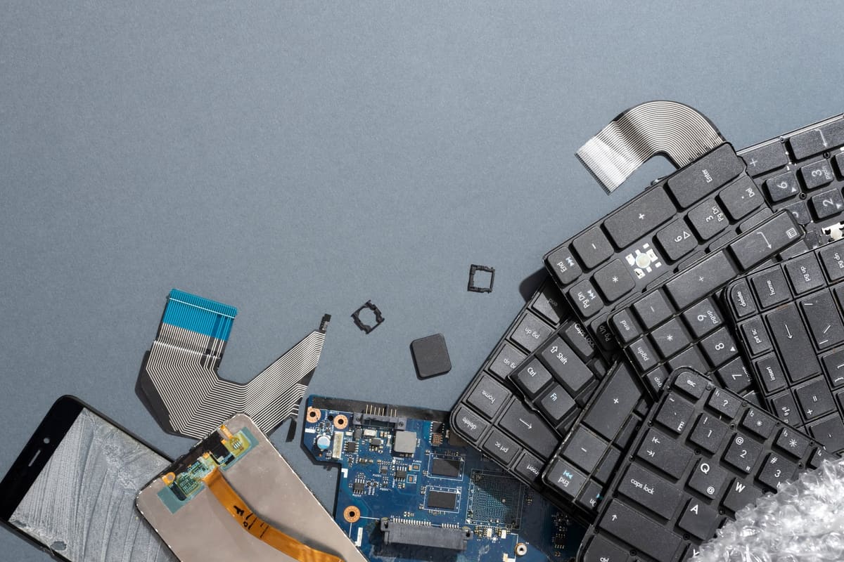 An assortment of old tech devices sorted for recycling